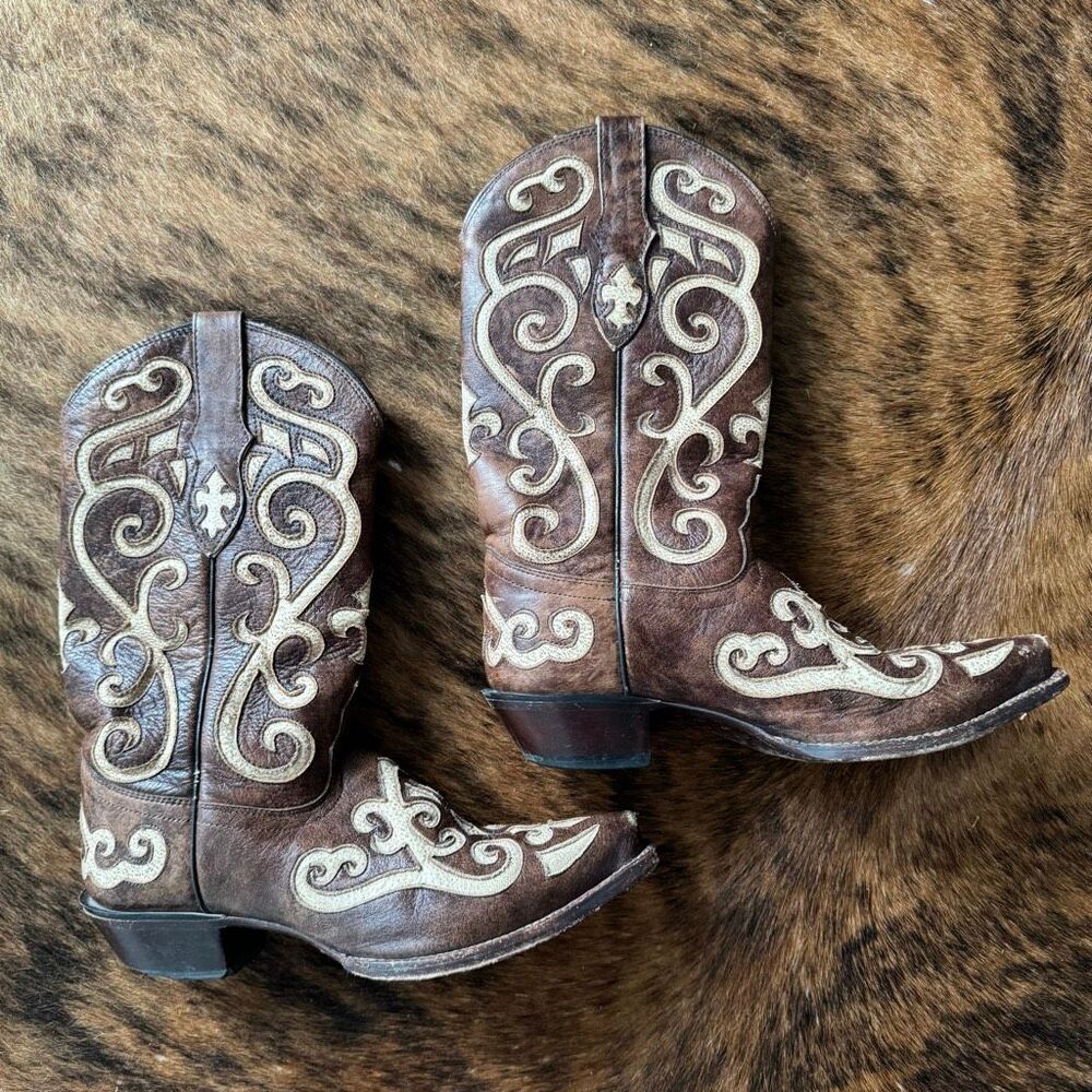 Tony Lama Y2K Floral Design Western Cowboy Boots Size 7 Brown